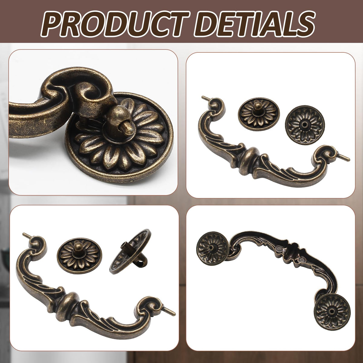 LinkMejor 4 Pack Poussoirs de tiroir Vintage 6 en Hole Center Drop Bail Poussoirs de meuble