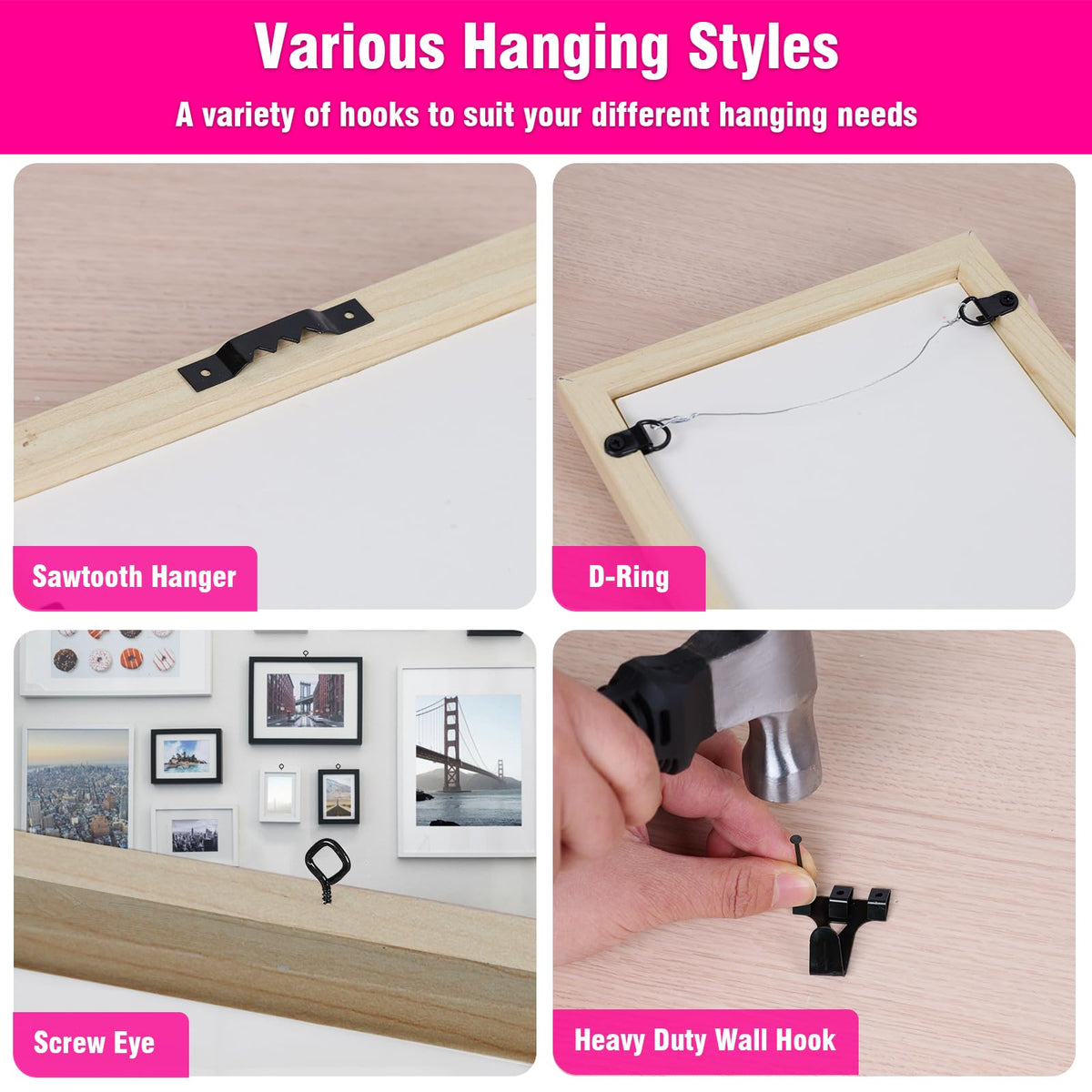 LinkMejor Kit di Sospensione Immagini Pesante, Accessori di Sospensione con Ganci, Chiodi, Kit di Sospensione a Muro con Cavo di Sospensione, Strisce di Sospensione, Livello, Martello a Uncia, Set di Strumenti di Sospensione per Decorazione a Muro