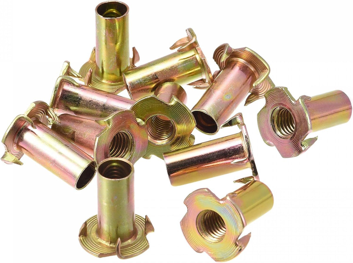 M10x28mm T-Nuts 4 Pronged Tee Nut Carbon Steel Threaded Inserts for Wood 12pcs