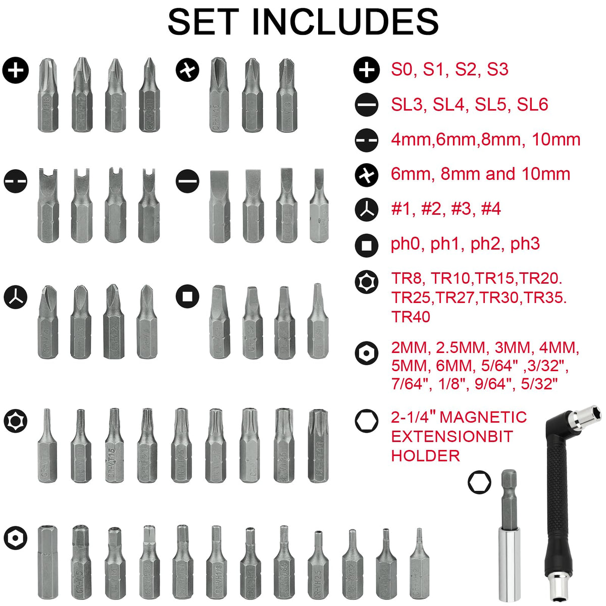 Set di 46 punte per la sicurezza, con punte Torx, quadrate, metriche e SAE, Torq, Phillips, a foro triangolare, a spina, per la sicurezza, set completo di utensili per la sicurezza, resistenti ai danni (rosso)