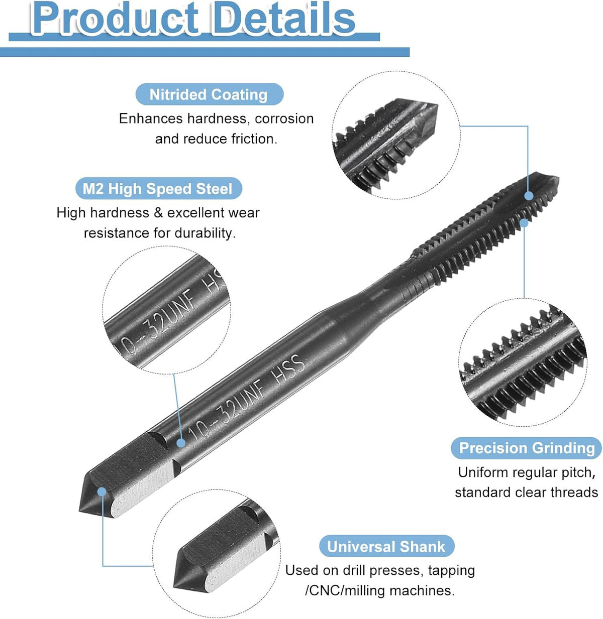Spiral Point Thread Tap 1/4-20 UNC 2B, Nitridat Coating Mașină de Filetare Tap Filetare Reparare Instrument, M2 Oțel de Înaltă Viteză (HSS), 2pcs
