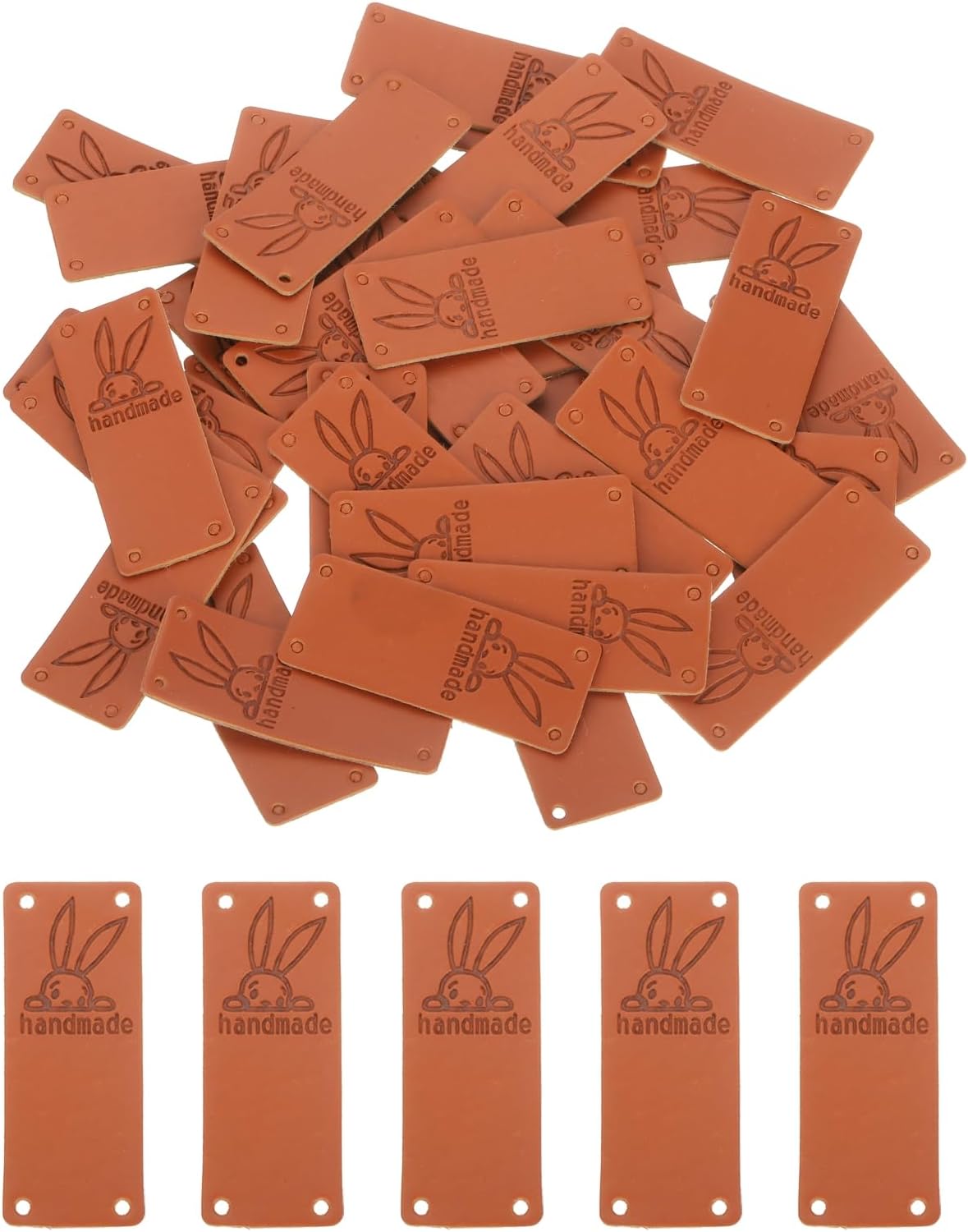 50 Pcs Handmade Leather Labels, PU Leather Handmade Tags Button with Hole Embossed Tag for Embellishment DIY Sewing Crafts, 50x20mm, Rabbit