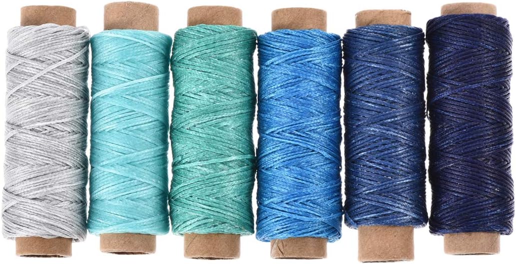 LinkMejor Leather Sewing Thread Set 55 Yards 175D/1mm Polyester Flat Waxed Cord for Hand Stitching Leather Bookbinding,Craft DIY, (Various Blue, 6Pcs)