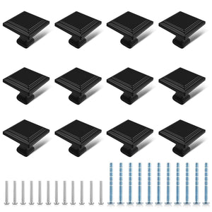 12 Pack Boutons de Meuble Matte Noire, Boutons de Porte de Dresser Carrés (30mm/1.2 Pouces)