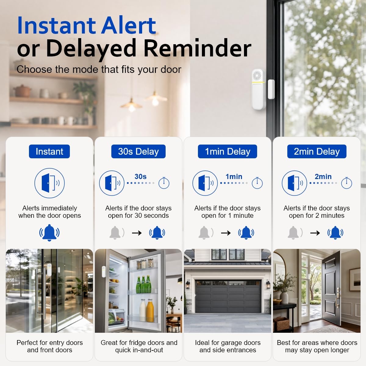 Door Alarms/Chimes When Opened, Instant or Delay (30s/1/2 Min), 1 Pack