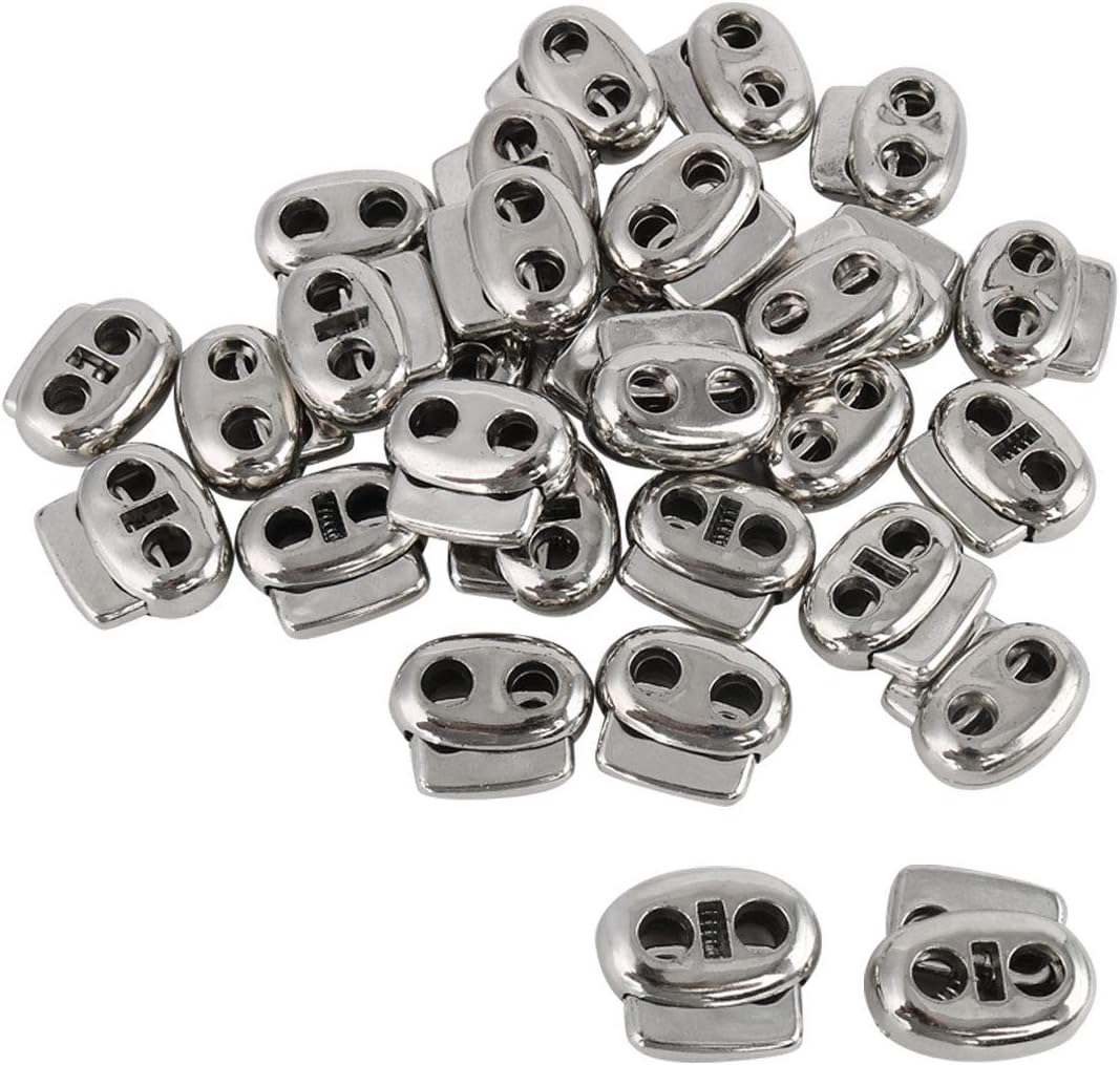 LinkMejor 30pcs Plastic Spring Cord Locks Stopper, Double Hole Rope Toggle Fastener for Drawstrings Clothing, Shoelaces, Bags, Silver Tone