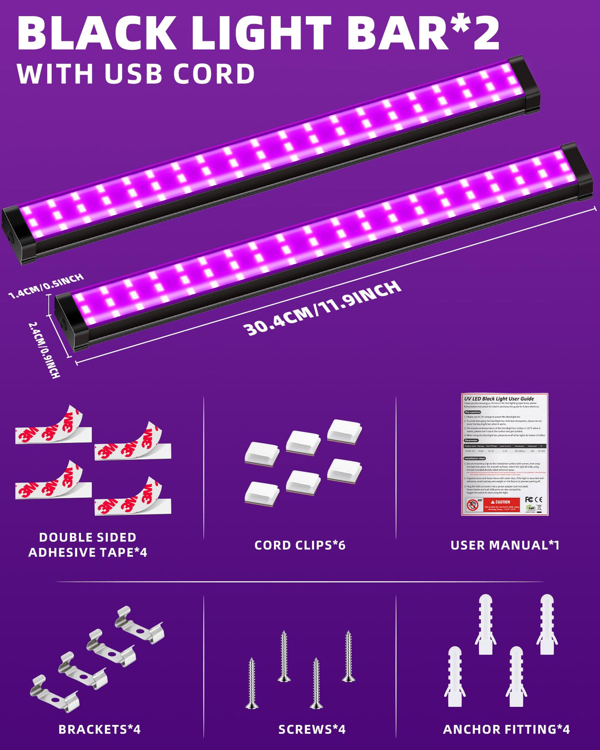 Black Light Bar 10W 1FT, USB Blacklight Strips for Uranium Glass, 2 Pack