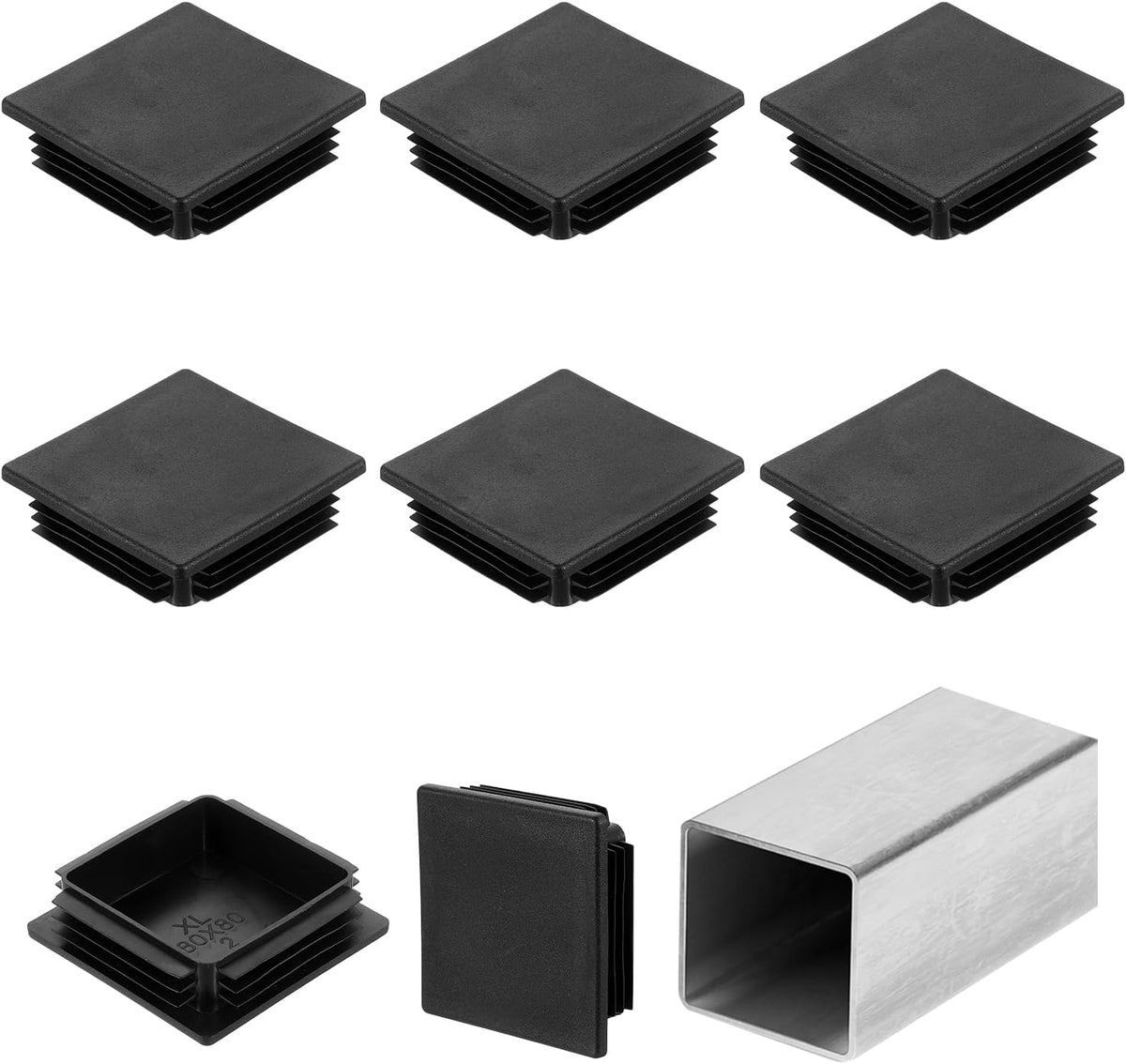 3 1/8" (80mm) Square Tubing End Caps, 8 Pcs Plastic Hole Plugs Insert End Cap for Metal Tubing Post Chair Leg Table Bookshelves Furniture, Black