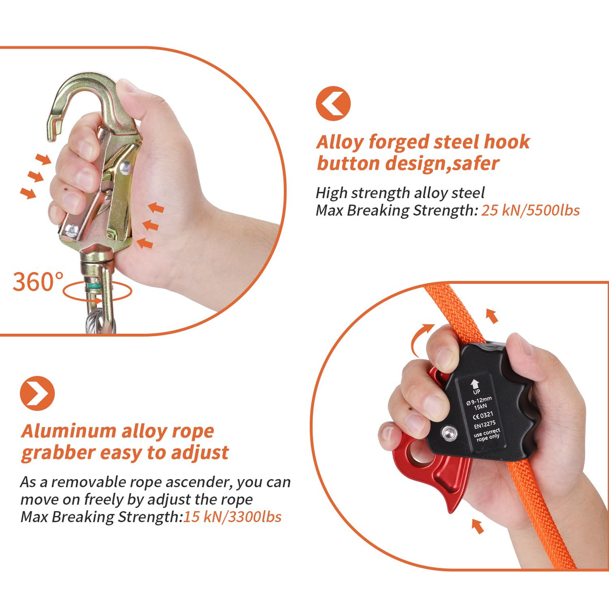 1/2" X 8' Steel Wire Core Flipline, W/Better Grab Adjuster & Steel Swivel, Arborist Equipment Positioning Lanyard, Climbing Flipline for Fall Protection, Arborist, Tree Climbers (1/2’’ x 8 ft)