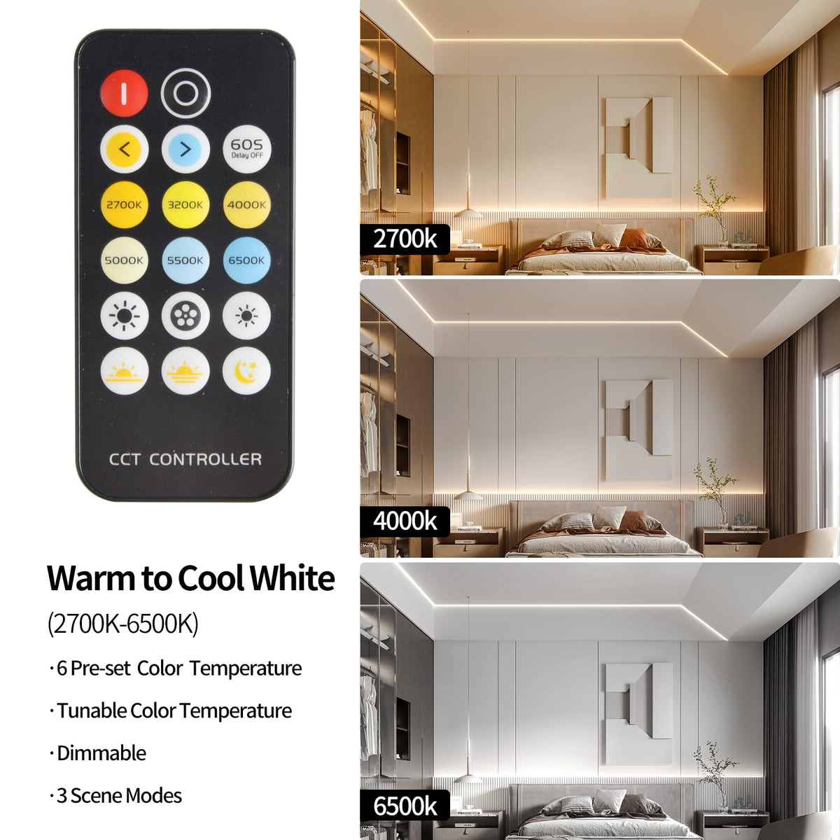 LinkMejor CCT COB LED Strip Lights, alb ajustabil cu dimming 2700K-6500K