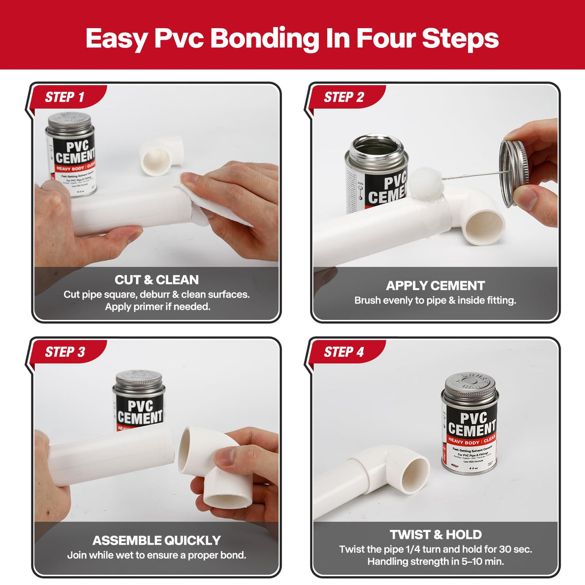 PVC Cement, เครื่องแก้ว PVC ทันที สีแบบ PVC Solvent Weld Glue สำหรับท่อ PVC, 4 fl oz