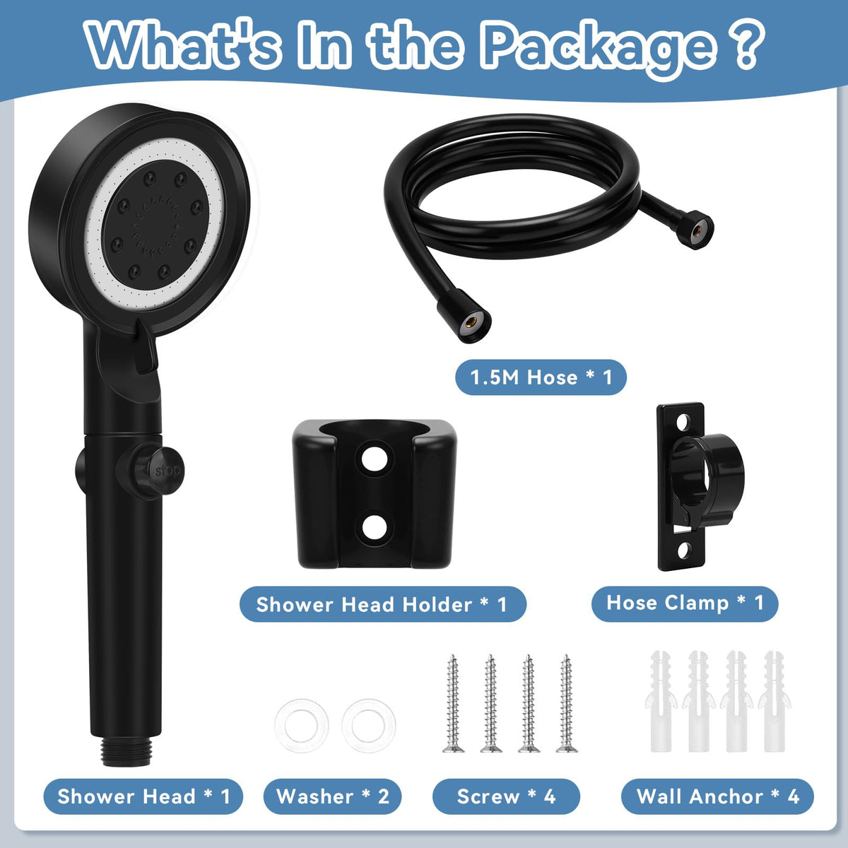 5+1 Mode High Pressure Replacement Black RV Shower Head with Hose