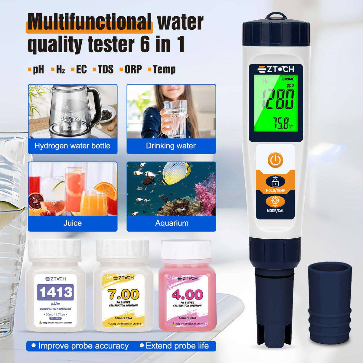 Hydrogen Vand Tester pH H2 ORP Meter, Hydroponisk pH TDS EC Meter, 6 i 1