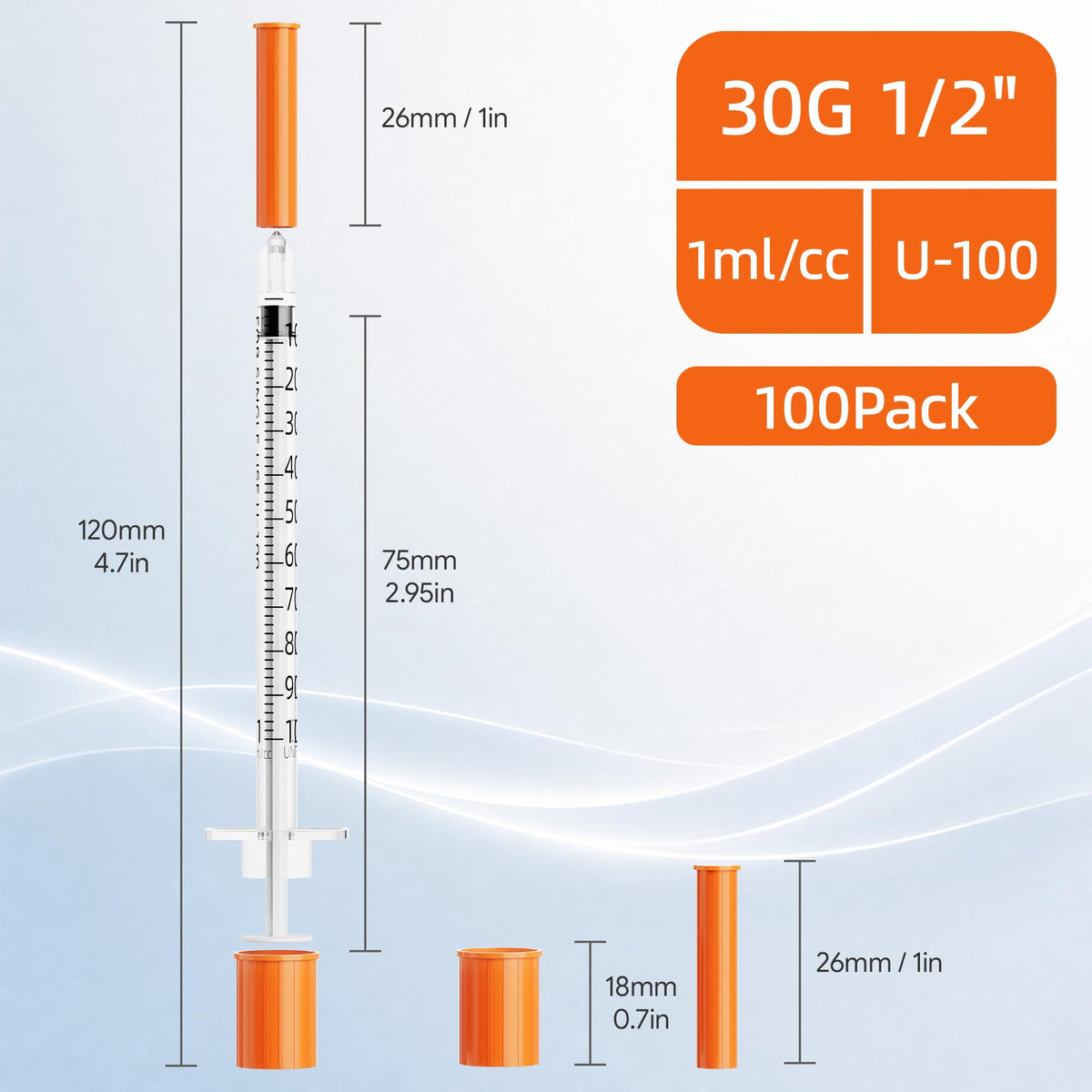 100Pack 1ML Sprøjte med nål 30G 1/2" (13mm)