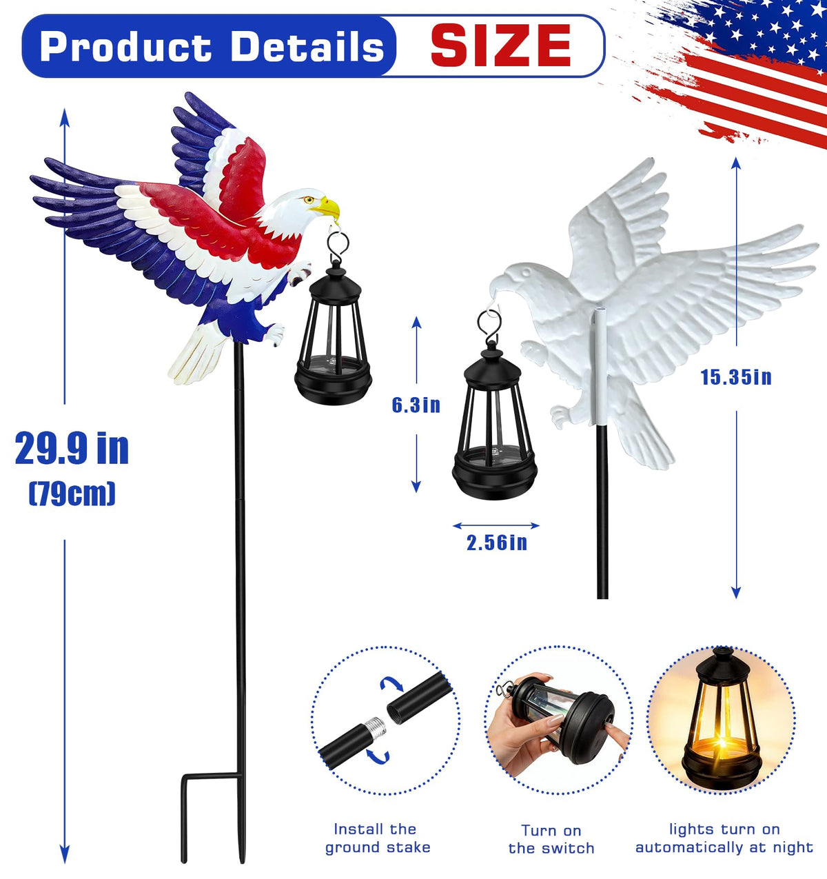 Zonne tuinverlichting Eagle Decor, Patriottische paal met lantaarn, Waterdicht