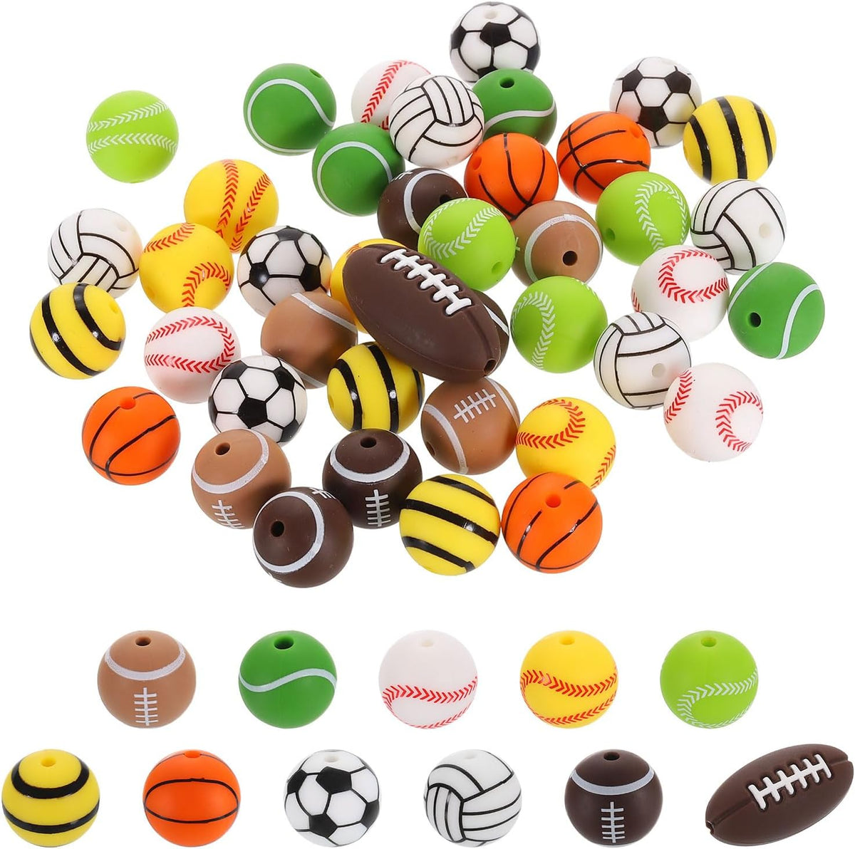 Sports Ball Beads, 41Pcs 15mm - Silicone Round Spacer Focal Beads, Rubber Loose Print Sports Beads for Keychain Making Pens DIY Crafts Necklace Bracelet Lanyard (11 Styles)