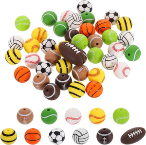 Sports Ball Beads, 41Pcs 15mm - Silicone Round Spacer Focal Beads, Rubber Loose Print Sports Beads for Keychain Making Pens DIY Crafts Necklace Bracelet Lanyard (11 Styles)