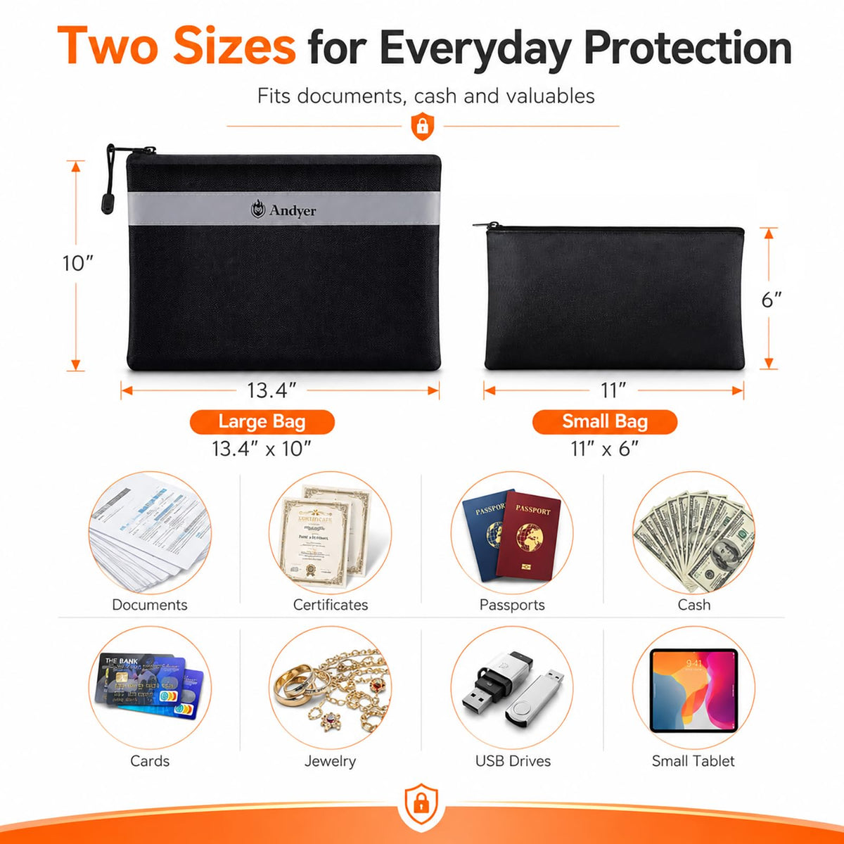 LinkMejor Fireproof Money Bag for Cash, 2 Pack Fire Proof Bag for Documents