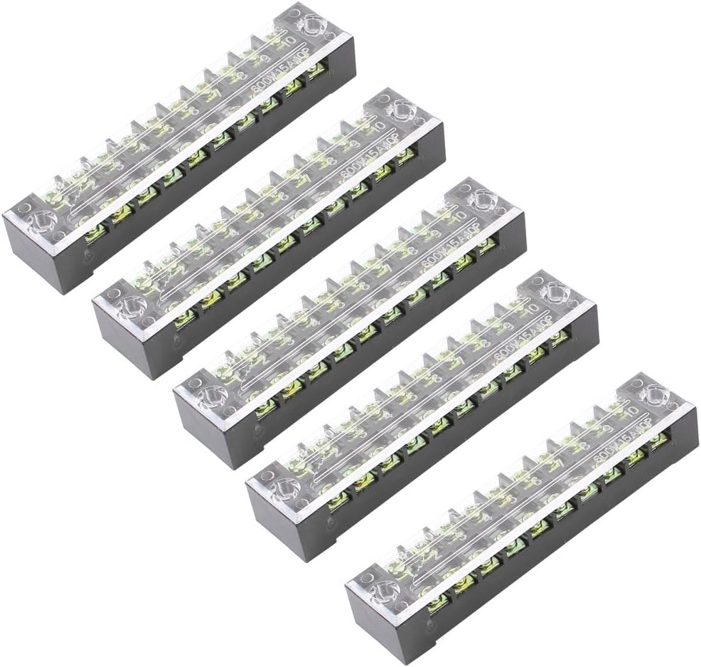 5Pcs Dual Row 10 Positions Screw Terminal Block Strip 600V 15A W Cover