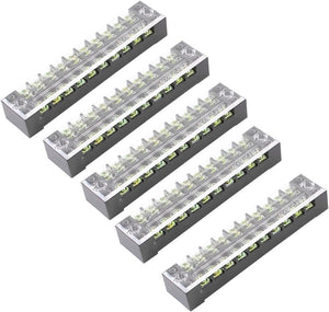 5Pcs Dual Row 10 Positions Screw Terminal Block Strip 600V 15A W Cover
