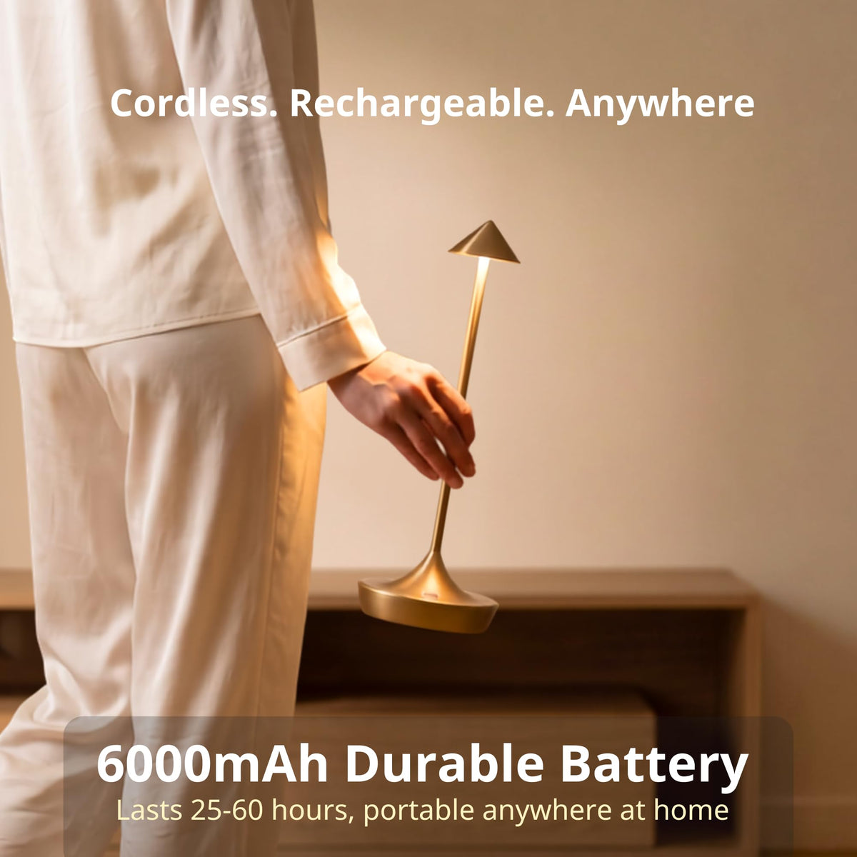 Lampe de table rechargeable sans fil, batterie de longue durée de 60 h, LED réglable