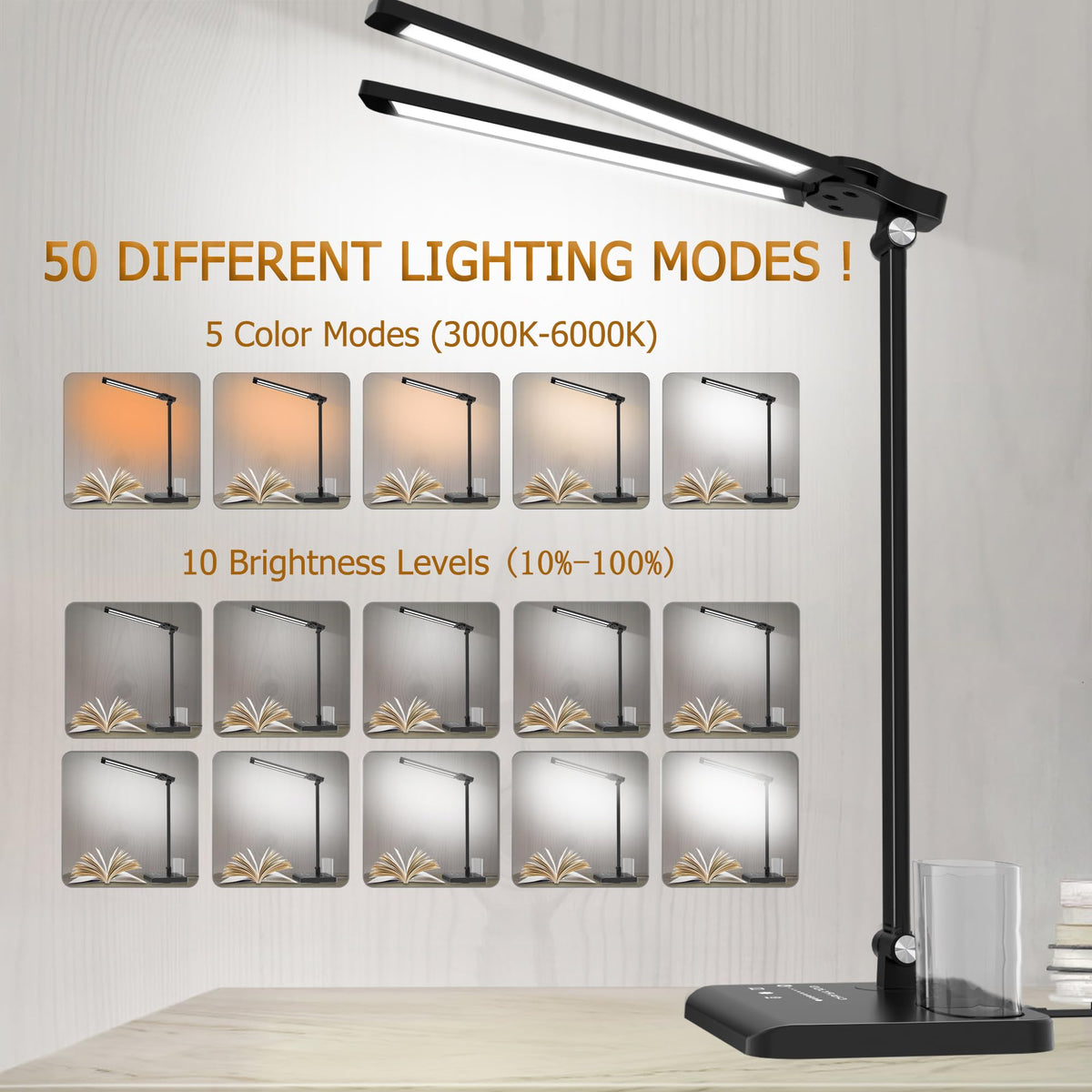 ไฟโคมโต๊ะ LED ที่สามารถปรับความสว่างได้ พร้อมพอร์ตชาร์จ USB และ 50 รูปแบบการแสง