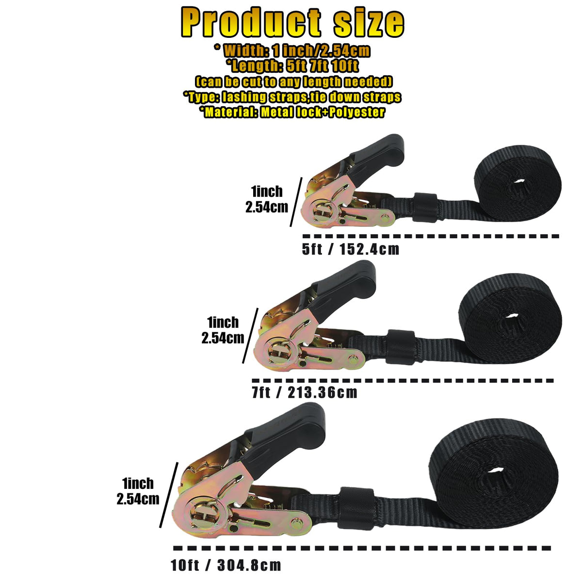 2 Pack Ratchet Straps Heavy Duty Tie-Downs Securing Straps, 1" x 5', Black