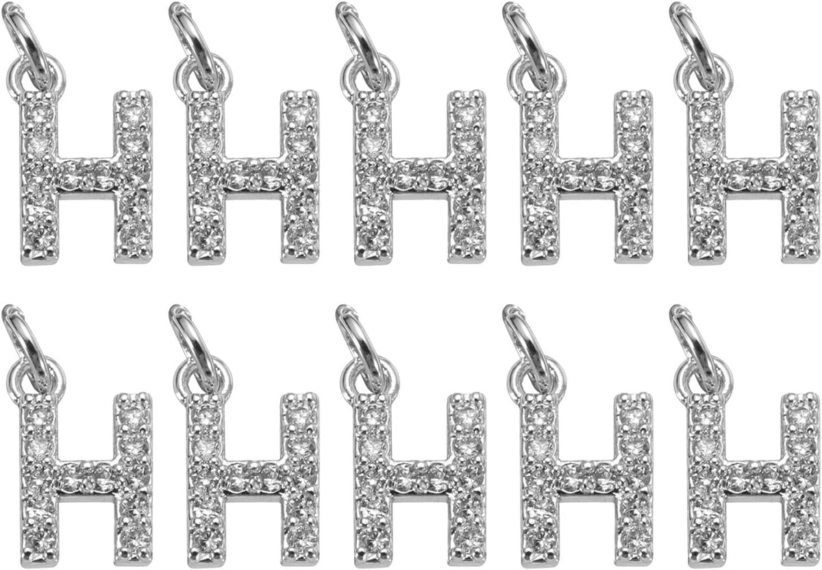 LinkMejor Rhinestone Letter Charm, 10pcs Crystal Zirconia Copper Alphabet H Pendants Slider Letter Charm for Wristbands Bracelets Necklace Jewelry Earring DIY Craft, Silver
