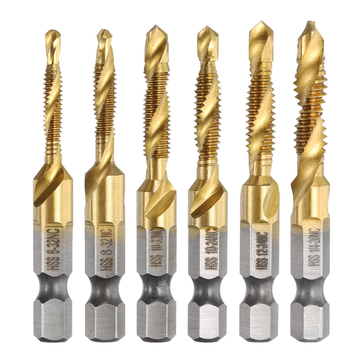6pcs Combination Drill Tap Bit Set SAE 6-32NC to 1/4-20NC High-Speed Steel 1/4" Hex Shank Titanium Coated Screw Threading Drilling Tapping Tool Kit
