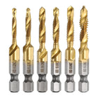6pcs Combination Drill Tap Bit Set SAE 6-32NC to 1/4-20NC High-Speed Steel 1/4" Hex Shank Titanium Coated Screw Threading Drilling Tapping Tool Kit