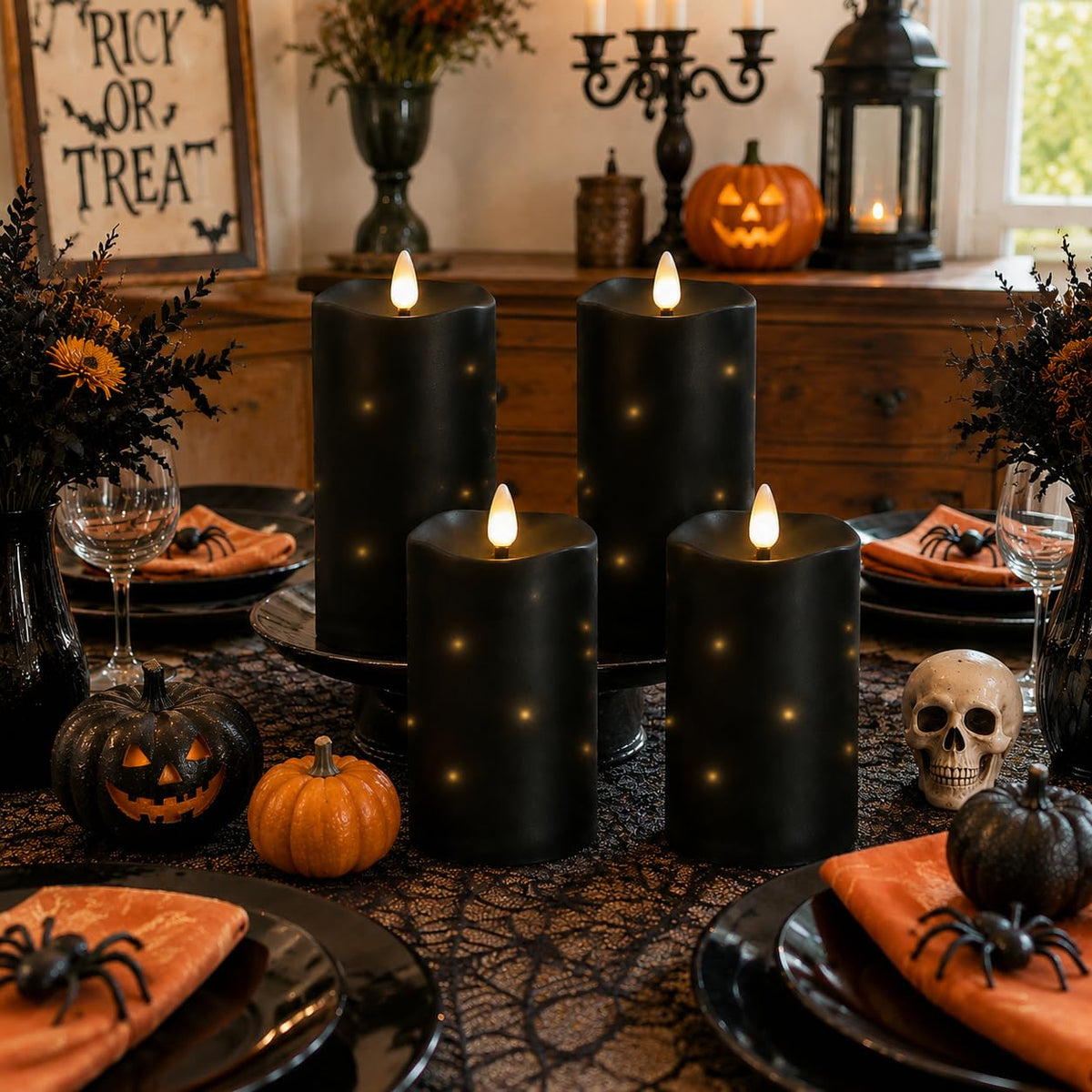 LinkMejor Black Flameless Candles, Battery Operated Candles, Real Wax Black LED Candles, Flickering Remote Control for Home Fall Halloween Decor Party Gifts, Set of 4