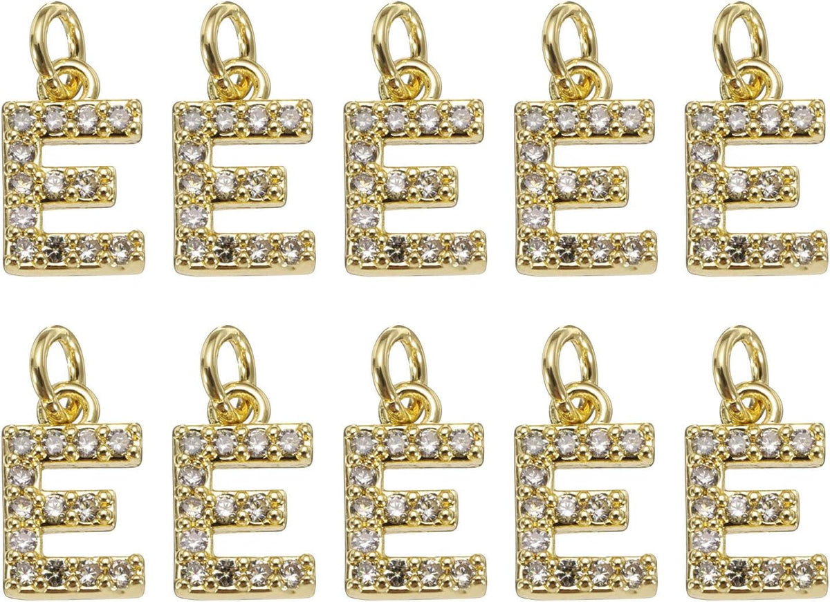 LinkMejor Rhinestone Letter Charm, 10pcs Crystal Zirconia Copper Alphabet E Pendants Slider Letter Charm for Wristbands Bracelets Necklace Jewelry Earring DIY Craft, Gold