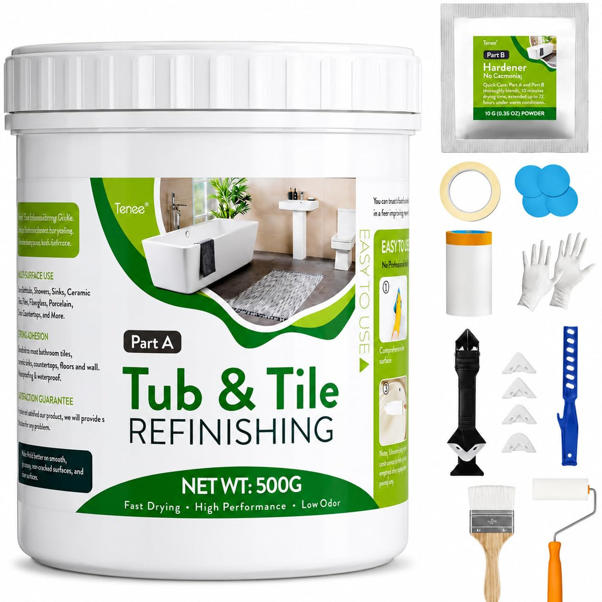35 oz Vernice Tub e Piastrelle Bianca Semi-Gloss per Bagno, Vernice Tub e Piastrelle con Strumenti Completi, Copre Facilmente 50-60sq.ft, Kit di Rinnovamento Bagno a Basso Odore per Cucina, Lavandino, Doccia, Fibra di Vetro