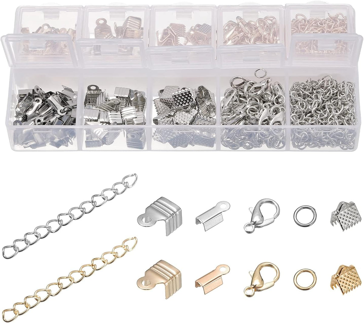 Jewelry Making Kit, Ribbon Clasp Crimp Ends & Fold Over Cord Ends with Extension Chains, Lobster Clasps, Jump Rings for DIY Craft Making, 520Pcs