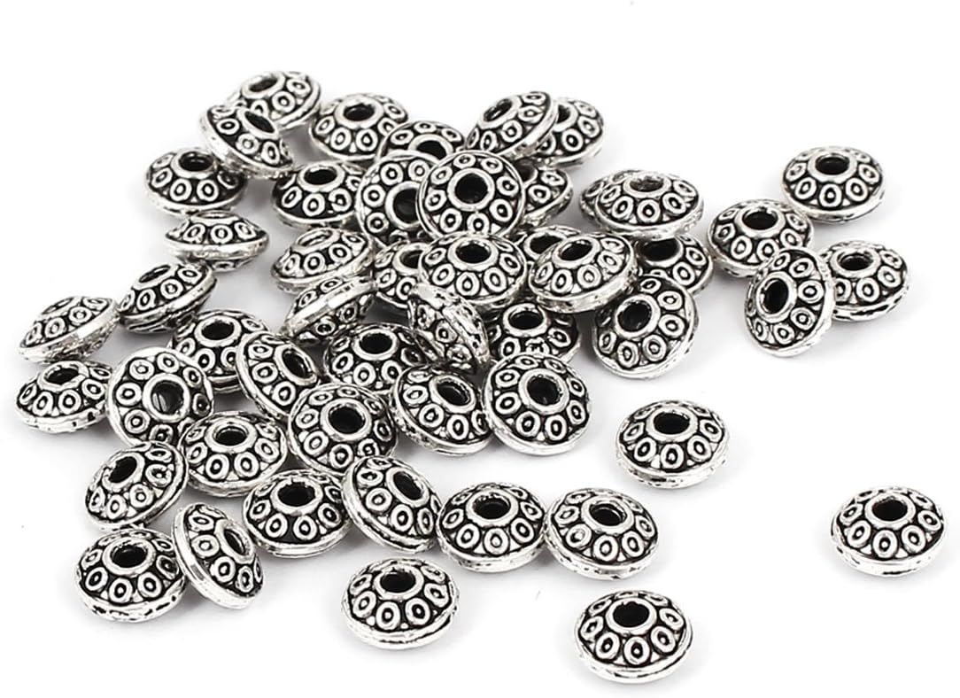 LinkMejor Metal Round Flat DIY Jewelry Making Spacer Bead 50Pcs Silver Tone