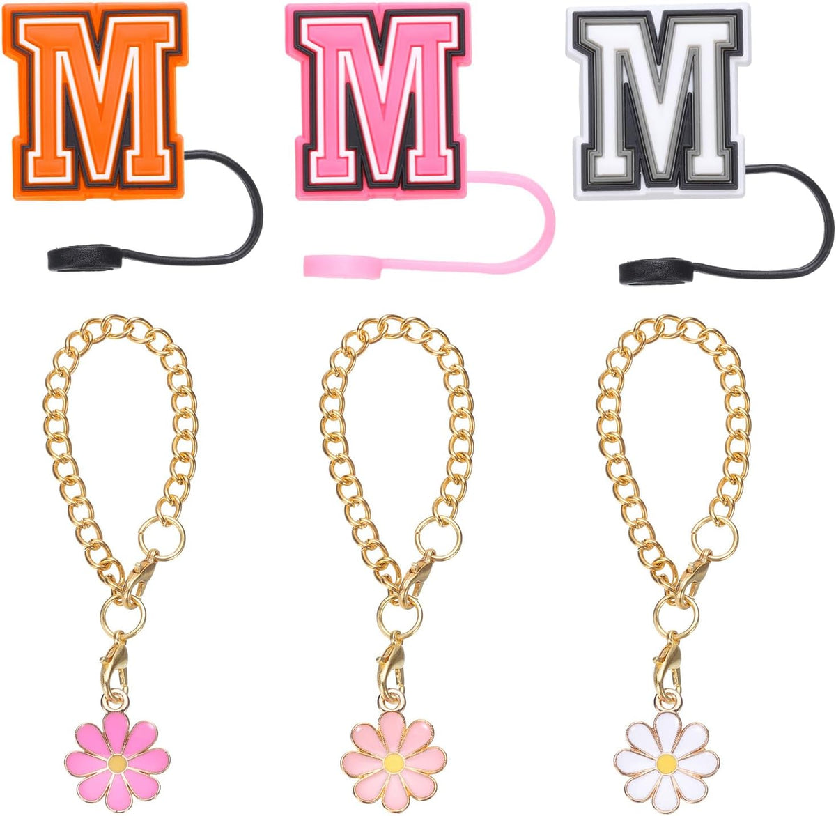 3pcs Flower Charm Cup Accessories with 3pcs 10mm Letter M Straw Cover Cap Capital Letter and Silicone Leak Stopper for Name ID Personalized Charm Tumbler Cup, Orange/White/Red