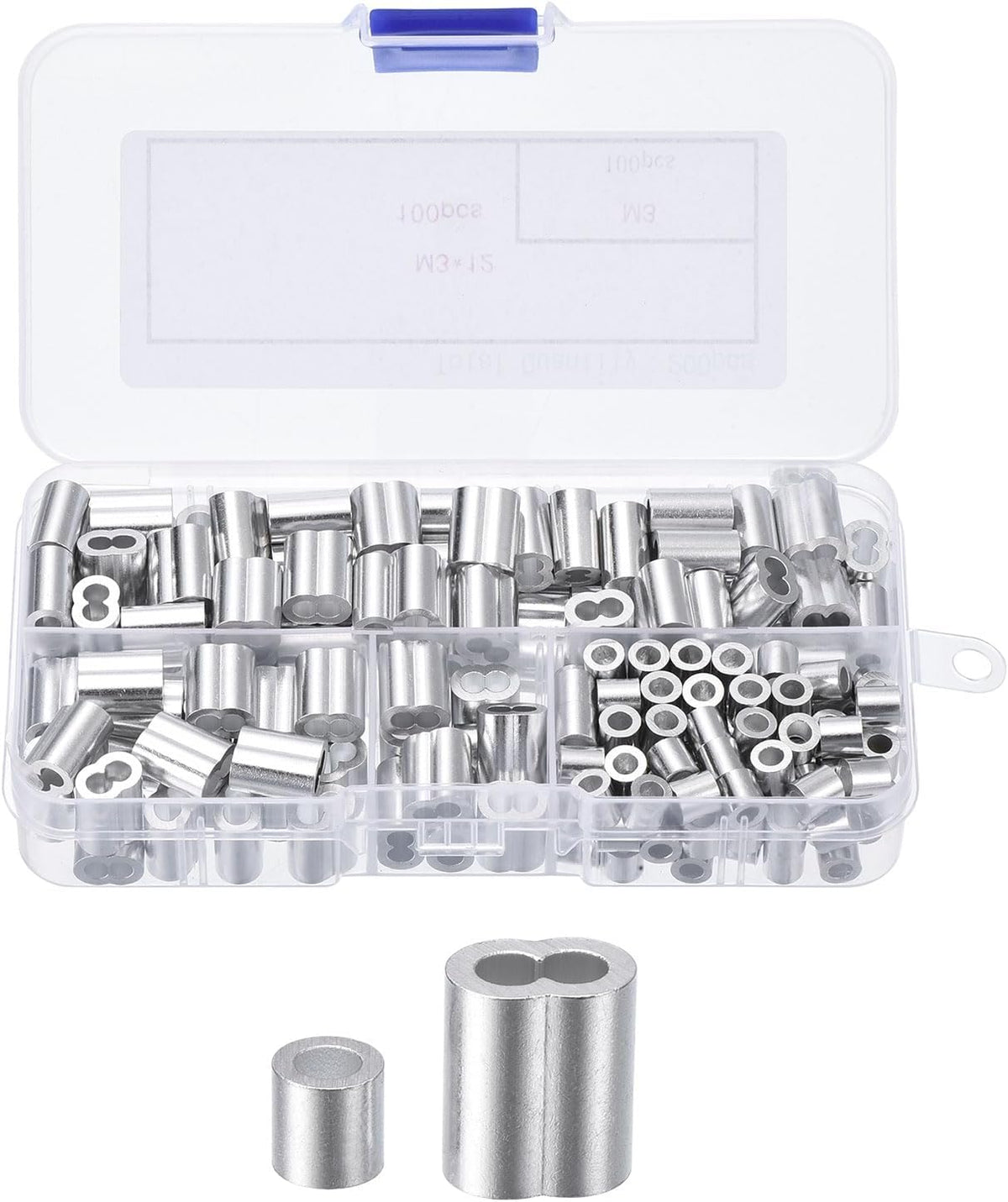 Aluminum Crimping Loop Sleeve 1/8'' Double Ferrule and 1/8'' Crimping Stop Sleeve for Wire Rope Cable Line End, Silver 100set