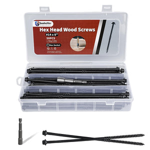 LinkMejor Lag Schroeven 8 Inch, 50Stuks #14 x 8 Zware Taken Structuur Hout Schroeven, Hex Schuifmoer Koppeling, Zwart Rostbestendig Behandeld, Lange Buiten Houten Deck Schroeven voor Houten Haag Houten Palen, Hex Sockets Inbegrepen