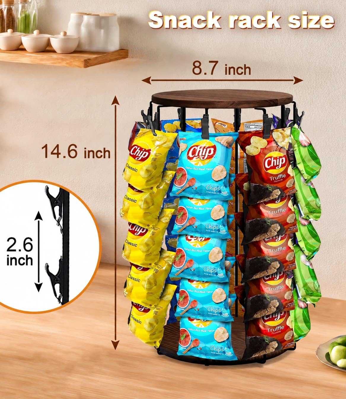 LinkMejor Chip Rack Display Stand, 40 Clips Rotating Snack Organizer, Brown