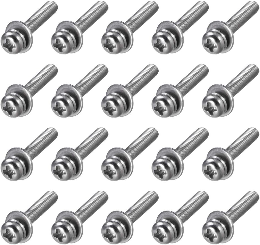 M2.5 x 16mm Stainless Steel Phillips Pan Head Machine Screws Bolts Combine with Spring Washer and Plain Washers 20pcs
