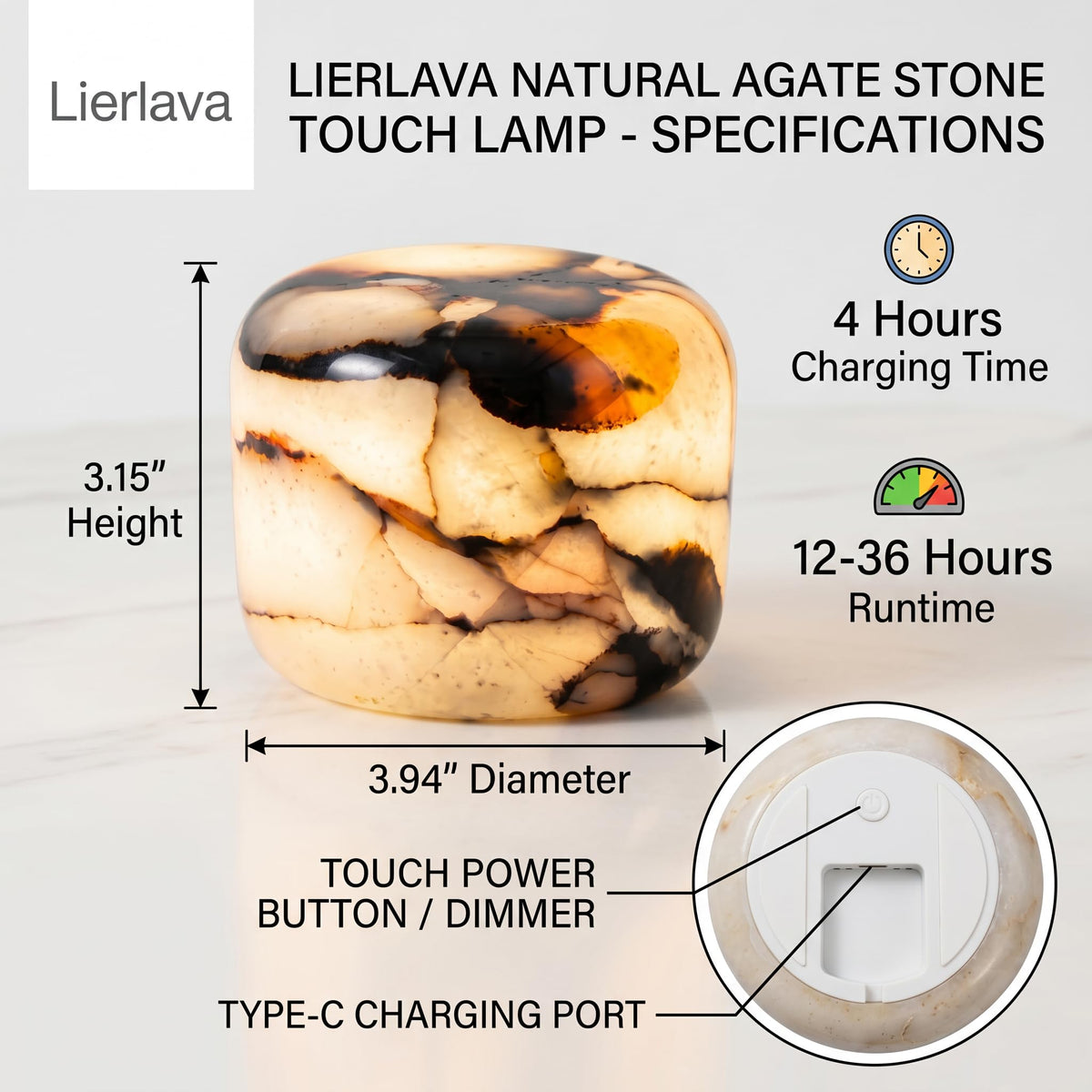 LinkMejor Naturalny Marmurowy Lampa, Bezprzewodowa ładowana Lampa Zegarowa