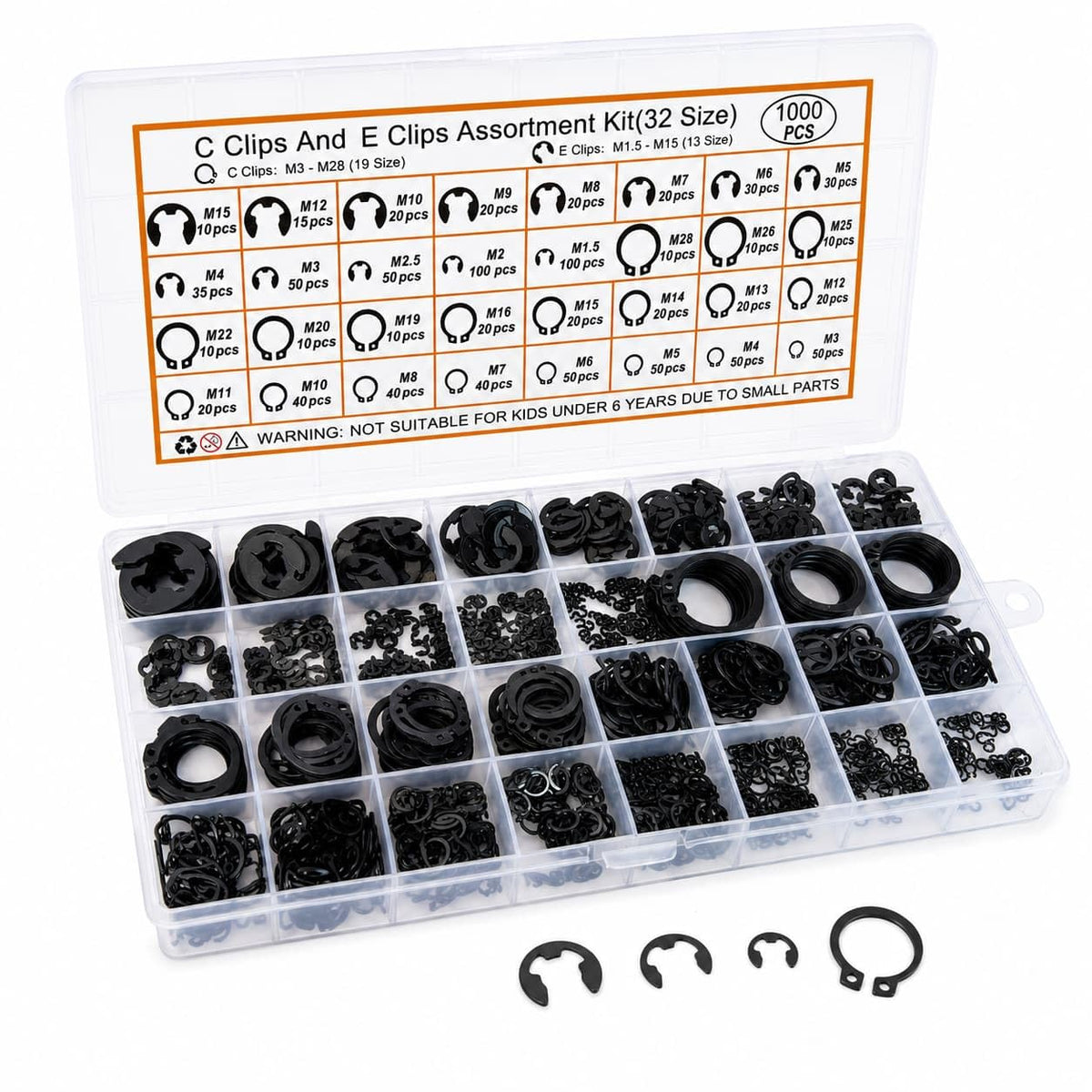 1000-Piece C Clips & E Clips Assortment Kit - 32 Sizes, Retaining Rings