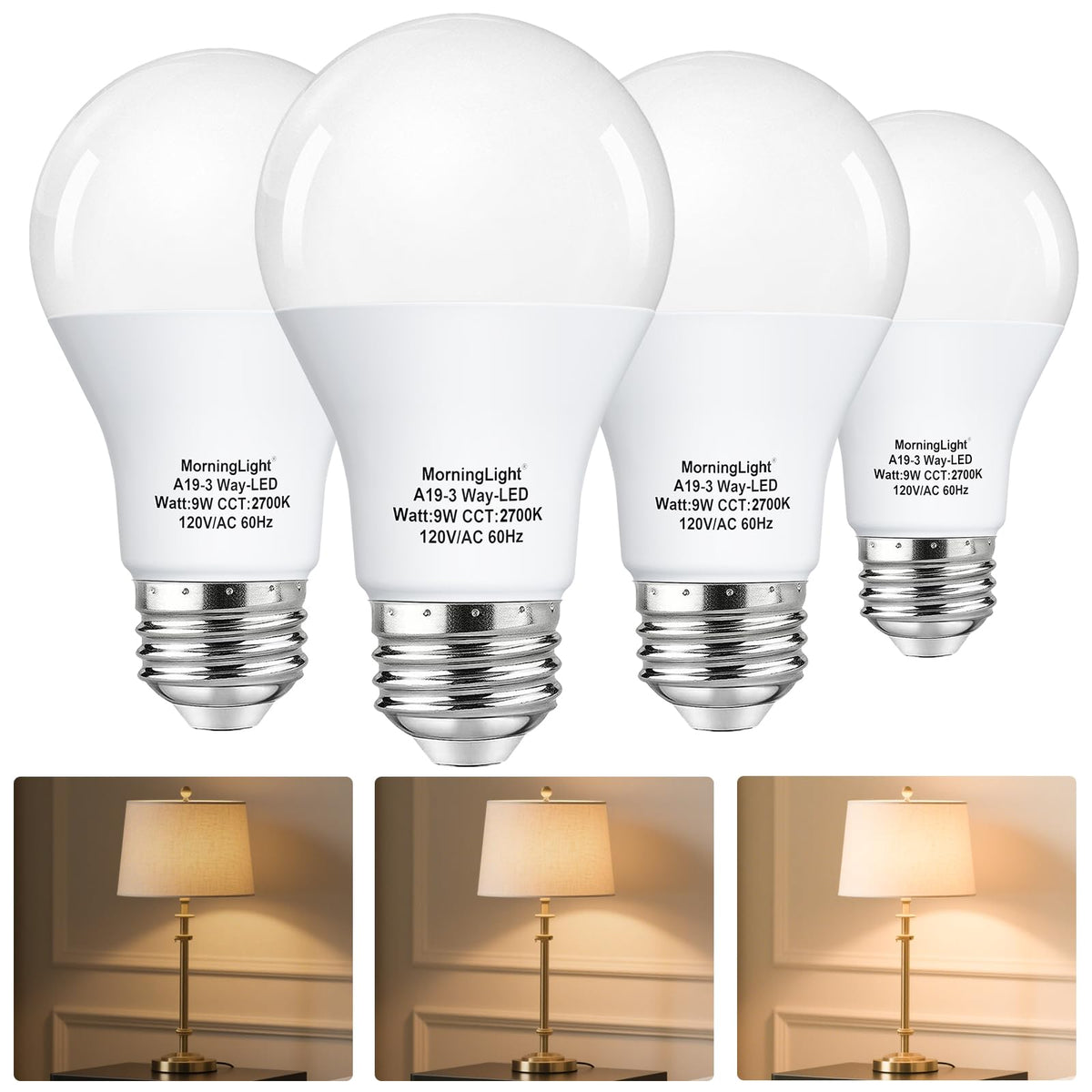 Trójdrożne żarówki LED 15 40 60Watt ekwiwalent biały ciepły 2700K, E26, 4-Pack