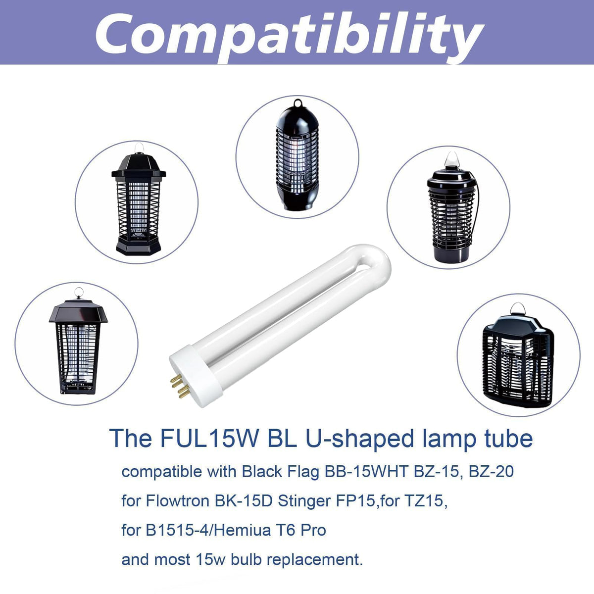 15W-BL 4Pin Base Erstatningslampe Kompatibel med Black Flag BB-15WHT/BZ-15