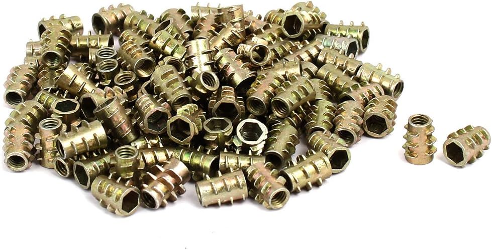 M4x10mm Hex Socket Threaded Insert Nuts Bronze Tone 100pcs for Wood Furniture