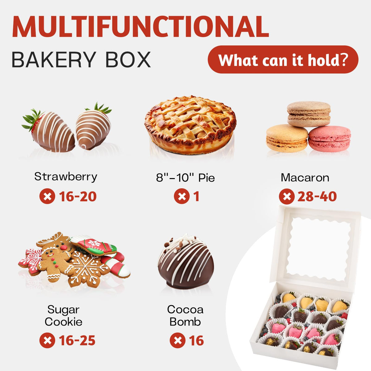 LinkMejor Cajas de Pasteles Blancas con Ventana, 20 Unidades, 10" x 10" x 2.5"