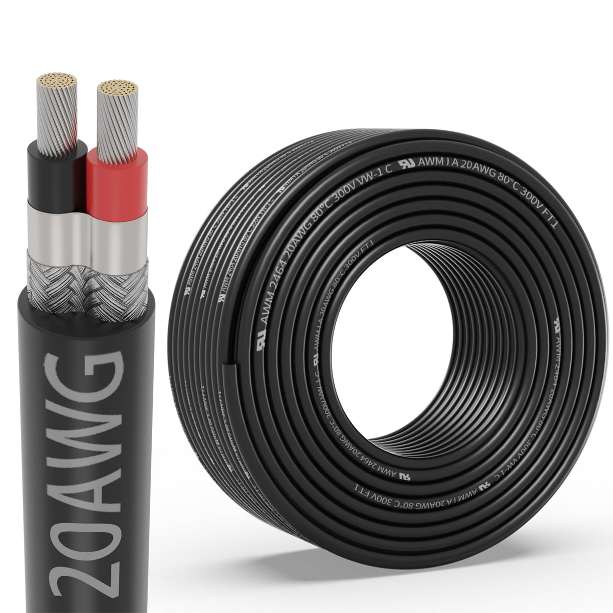 20 Gauge 2 Conductor Shielded Wire 50FT, UL2464 20 AWG 2 Shielded Cable