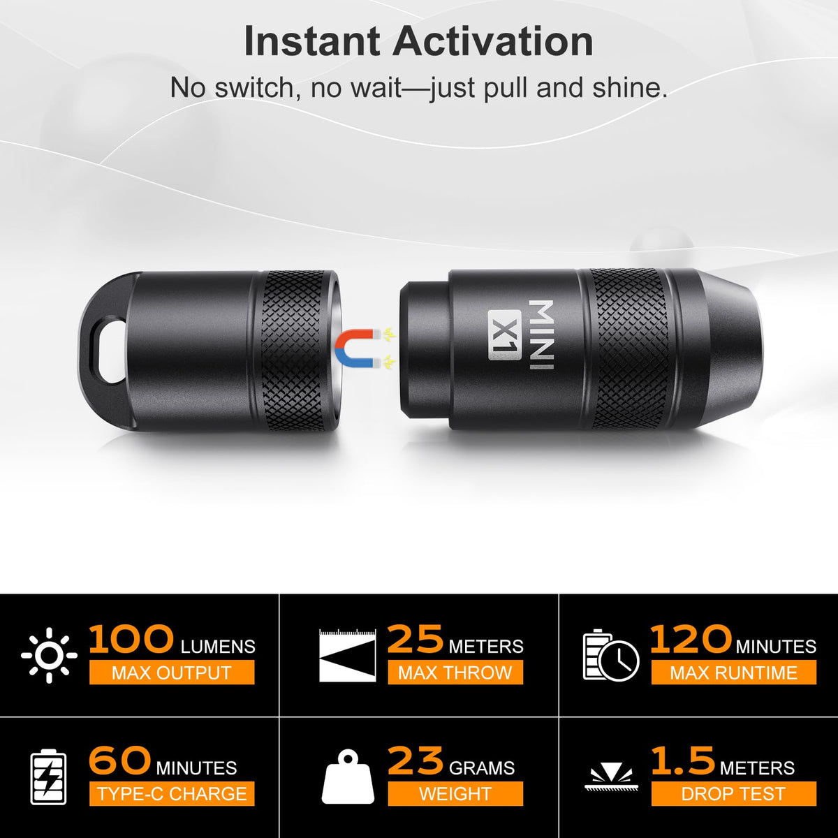 LinkMejor Mini Nøglekæde Taslætte, 100 Lumen, USB-C Opladbar, Sort
