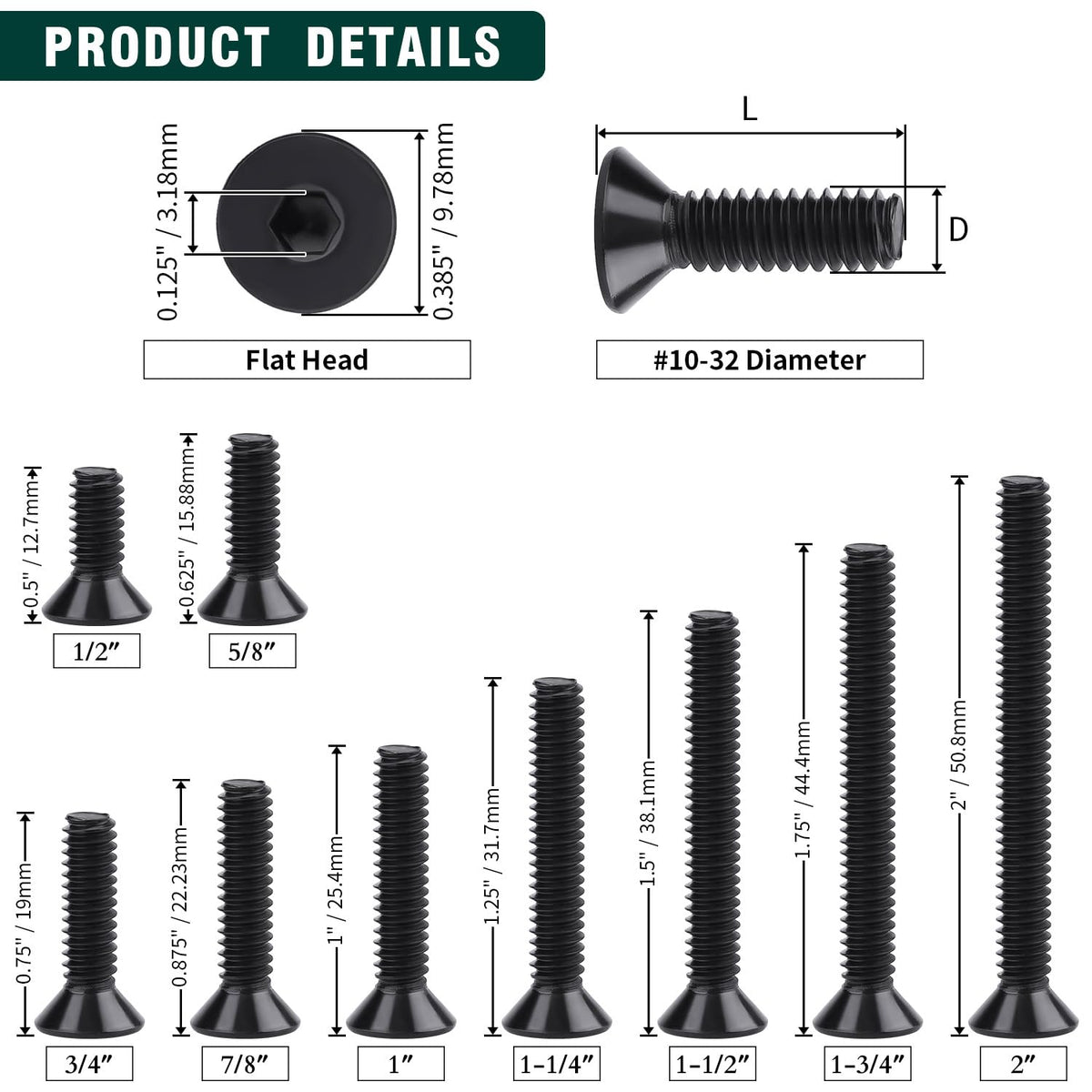 #10-32 x 3/4" Flat Head Socket Head Cap Screws Black, Allen Hex Drive, 304 Stainless Steel 18-8, Black Coated Finish, Corrosion Resistant, Full Thread, Coarse Thread, 50 PCS