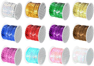 12 Colors 60Yds Flat Sequins Strip, 6mm Spangle Paillette String Spool Roll Sewing String Ribbon for Fringe Sewing DIY Projects